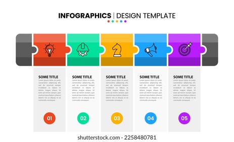 Plantilla de infografía con iconos y 5 opciones o pasos. Rompecabezas. Se puede utilizar para diseño de flujo de trabajo, diagrama, banner, diseño web. Ilustración del vector