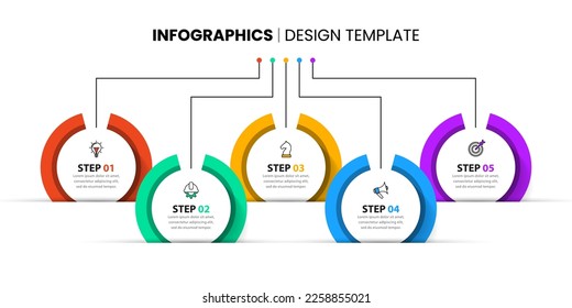 Plantilla de infografía con iconos y 5 opciones o pasos. Se puede utilizar para diseño de flujo de trabajo, diagrama, banner, diseño web. Ilustración del vector