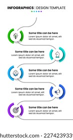 Infographic template with icons and 5 options or steps. Vertical timeline. Can be used for workflow layout, diagram, banner, webdesign. Vector illustration