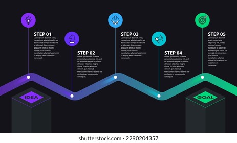 Plantilla de infografía con iconos y 5 opciones o pasos. Cronología oscura. Se puede utilizar para diseño de flujo de trabajo, diagrama, banner, diseño web. Ilustración del vector