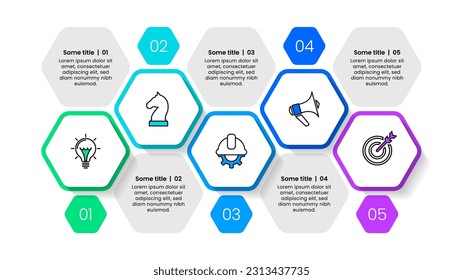 Plantilla de infografía con iconos y 5 opciones o pasos. Hexagón. Se puede utilizar para diseño de flujo de trabajo, diagrama, banner, diseño web. Ilustración del vector