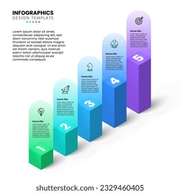 Infographic template with icons and 5 options or steps. Isometric columns. Can be used for workflow layout, diagram, banner, webdesign. Vector illustration