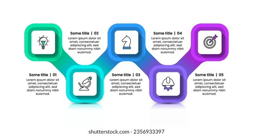 Plantilla de infografía con iconos y 5 opciones o pasos. Cuadrados conectados. Se puede utilizar para diseño de flujo de trabajo, diagrama, banner, diseño web. Ilustración del vector