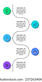 Infographic template with icons and 5 options or steps. Vertical line. Can be used for workflow layout, diagram, banner, webdesign. Vector illustration
