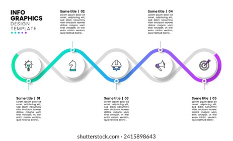 Infographic template with icons and 5 options or steps. Connected circles. Can be used for workflow layout, diagram, banner, webdesign. Vector illustration