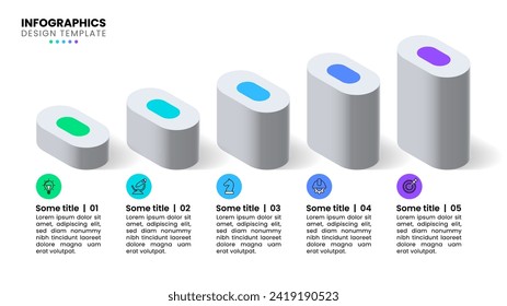 Infographic template with icons and 5 options or steps. Isometric columns. Can be used for workflow layout, diagram, webdesign. Vector illustration