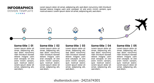 Infographic template with icons and 5 options or steps. Airplane. Can be used for workflow layout, diagram, banner, webdesign. Vector illustration
