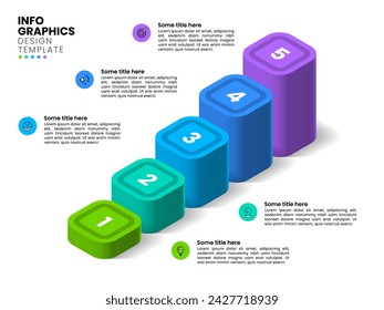 Plantilla de infografía con iconos y 5 opciones o pasos. Escalera isométrica. Se puede utilizar para el diseño del flujo de trabajo, banner, diagrama, diseño web. Ilustración de vector