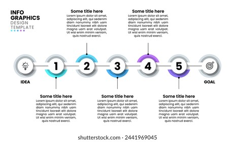 Infographic template with icons and 5 options or steps. From idea to goal. Can be used for workflow layout, diagram, banner, webdesign. Vector illustration