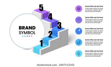 Infographic template with icons and 5 options or steps. Stairs. Can be used for workflow layout, diagram, banner, webdesign. Vector illustration