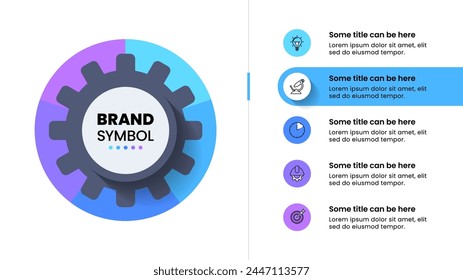 Plantilla infográfica con iconos y 5 opciones o pasos. Engranaje. Se puede utilizar para el diseño del flujo de trabajo, diagrama, Anuncio, diseño web. Ilustración vectorial