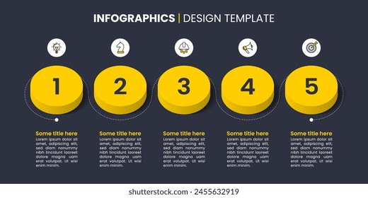 Infographic template with icons and 5 options or steps. Yellow circles. Can be used for workflow layout, diagram, banner, webdesign. Vector illustration