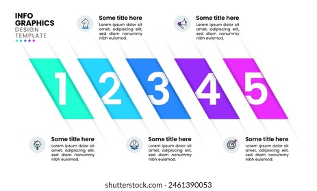 Plantilla infográfica con iconos y 5 opciones o pasos. Tiras numeradas. Se puede utilizar para el diseño del flujo de trabajo, diagrama, Anuncio, diseño web. Ilustración vectorial