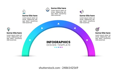 Infographic template with icons and 5 options or steps. Semicircle. Can be used for workflow layout, diagram, banner, webdesign. Vector illustration
