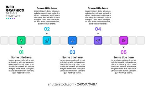 Plantilla de infografía con iconos y 5 opciones o pasos. Línea Horizontal. Se puede utilizar para el diseño del flujo de trabajo, diagrama, Anuncio, diseño web. Ilustración vectorial