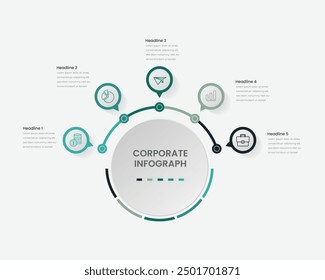 Plantilla de infografía con iconos y 5 opciones o pasos. Círculo. Se puede utilizar para el diseño del flujo de trabajo, diagrama, Anuncio, diseño web. Ilustración vectorial