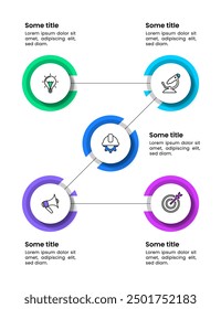 Plantilla de infografía con iconos y 5 opciones o pasos. Círculo conectado por una línea. Se puede utilizar para el diseño del flujo de trabajo, diagrama, Anuncio, diseño web. Ilustración vectorial