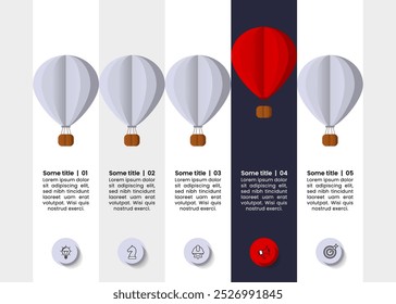 Plantilla de infografía con iconos y 5 opciones o pasos. Globos aerostáticos. Se puede utilizar para el diseño del flujo de trabajo, diagrama, Anuncio, diseño web. Ilustración vectorial