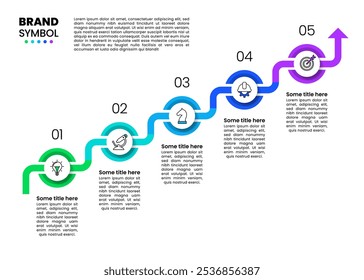 Modelo de infográfico com ícones e 5 opções ou etapas. Linha ascendente. Pode ser usado para layout de fluxo de trabalho, diagrama, banner, webdesign. Ilustração vetorial