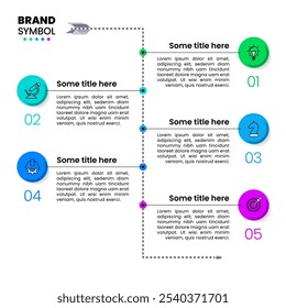 Plantilla de infografía con iconos y 5 opciones o pasos. Línea de Vertical. Se puede utilizar para el diseño del flujo de trabajo, diagrama, Anuncio, diseño web. Ilustración vectorial