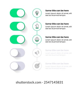 Infographic template with icons and 5 options or steps. Buttons. Can be used for workflow layout, diagram, banner, webdesign. Vector illustration