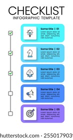 Infographic template with icons and 5 options or steps. Checklist. Can be used for workflow layout, diagram, banner, webdesign. Vector illustration