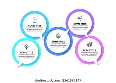 Infographic template with icons and 5 options or steps. Speech bubbles. Can be used for workflow layout, diagram, banner, webdesign. Vector illustration