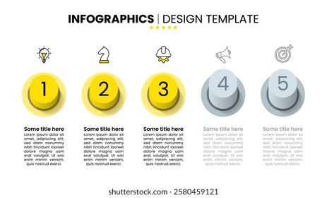 Infographic template with icons and 5 options or steps. Buttons. Can be used for workflow layout, diagram, banner, webdesign. Vector illustration