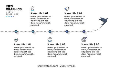 Infographic template with icons and 5 options or steps. Line. Can be used for workflow layout, diagram, banner, webdesign. Vector illustration