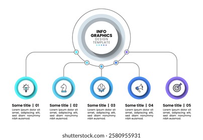 Infographic template with icons and 5 options or steps. Linked circles. Can be used for workflow layout, diagram, banner, webdesign. Vector illustration