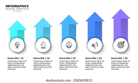 Infographic template with icons and 5 options or steps. Arrows. Can be used for workflow layout, diagram, banner, webdesign. Vector illustration