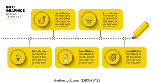 Infographic template with icons and 5 options or steps. Line and yellow pencil. Can be used for workflow layout, diagram, banner, webdesign. Vector illustration