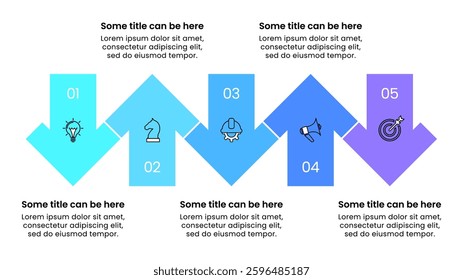 Infographic template with icons and 5 options or steps. Arrows. Can be used for workflow layout, diagram, banner, webdesign. Vector illustration