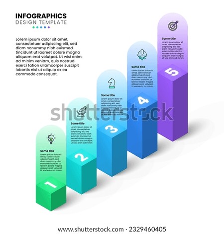 Infographic template with icons and 5 options or steps. Isometric columns. Can be used for workflow layout, diagram, banner, webdesign. Vector illustration
