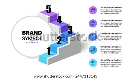 Infographic template with icons and 5 options or steps. Stairs. Can be used for workflow layout, diagram, banner, webdesign. Vector illustration