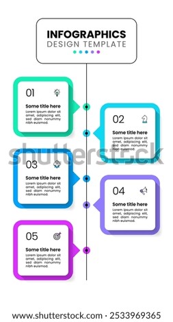 Infographic template with icons and 5 options or steps. Vertical line. Can be used for workflow layout, diagram, banner, webdesign. Vector illustration