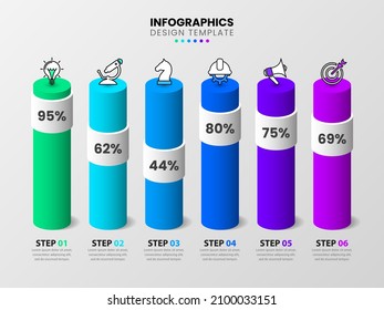 Infographic template with icons and 6 options or steps. columns with percentages. Can be used for workflow layout, diagram, banner, webdesign. Vector illustration