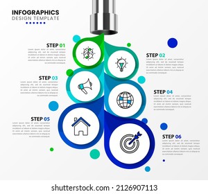 Plantilla de infografía con iconos y 6 opciones o pasos. Agua. Se puede utilizar para diseño de flujo de trabajo, diagrama, banner, diseño web. Ilustración del vector