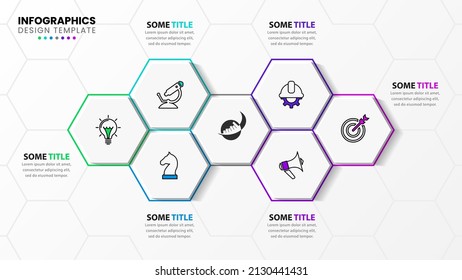 Infographic template with icons and 6 options or steps. Hexagon. Can be used for workflow layout, diagram, banner, webdesign. Vector illustration