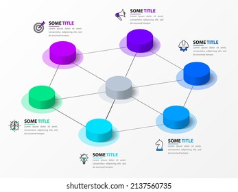 Plantilla de infografía con iconos y 6 opciones o pasos. Círculos. Se puede utilizar para diseño de flujo de trabajo, diagrama, banner, diseño web. Ilustración del vector