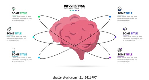 Infographic template with icons and 6 options or steps. Brain. Can be used for workflow layout, diagram, banner, webdesign. Vector illustration