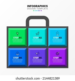 Infographic template with icons and 6 options or steps. Suitcase. Can be used for workflow layout, diagram, banner, webdesign. Vector illustration