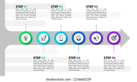 Infographic template with icons and 6 options or steps. Arrow. Can be used for workflow layout, diagram, banner, webdesign. Vector illustration