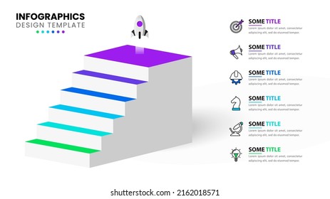 Infographic template with icons and 6 options or steps. Staircase. Can be used for workflow layout, diagram, banner, webdesign. Vector illustration