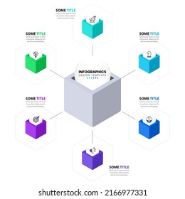 Plantilla de infografía con iconos y 6 opciones o pasos. Cubos. Se puede utilizar para diseño de flujo de trabajo, diagrama, banner, diseño web. Ilustración del vector