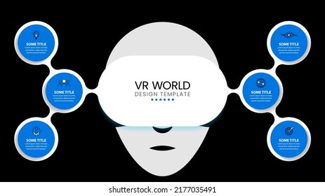 Plantilla de infografía con iconos y 6 opciones o pasos. Realidad virtual. Se puede utilizar para diseño de flujo de trabajo, diagrama, banner, diseño web. Ilustración del vector