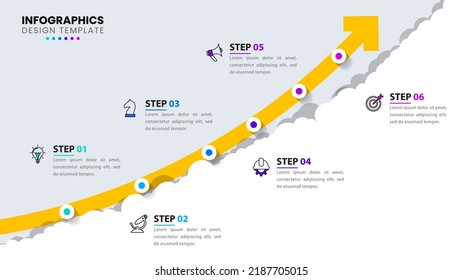 Plantilla de infografía con iconos y 6 opciones o pasos. Flecha. Se puede utilizar para diseño de flujo de trabajo, diagrama, banner, diseño web. Ilustración del vector