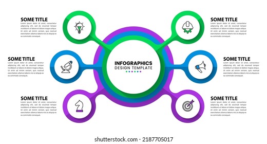 Plantilla de infografía con iconos y 6 opciones o pasos. Círculo. Se puede utilizar para diseño de flujo de trabajo, diagrama, banner, diseño web. Ilustración del vector