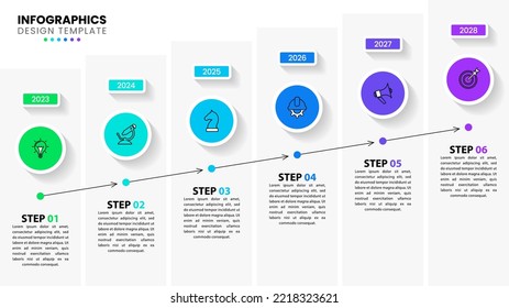 Plantilla de infografía con iconos y 6 opciones o pasos. Línea de tiempo. Se puede utilizar para diseño de flujo de trabajo, diagrama, banner, diseño web. Ilustración del vector