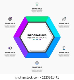 Infographic template with icons and 6 options or steps. Hexagon. Can be used for workflow layout, diagram, banner, webdesign. Vector illustration
